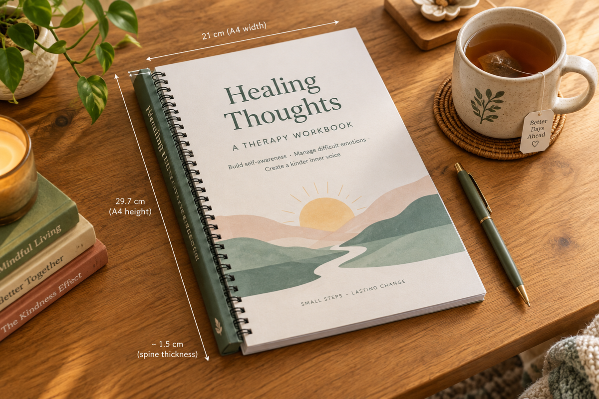 Size context – workbook on desk with tea and pen